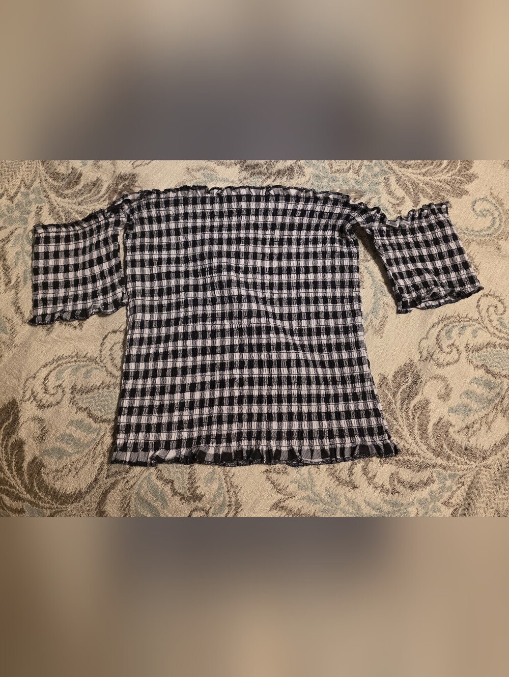 Crave Fame Black and White Gingham Off-Shoulder Short Sleeve Top